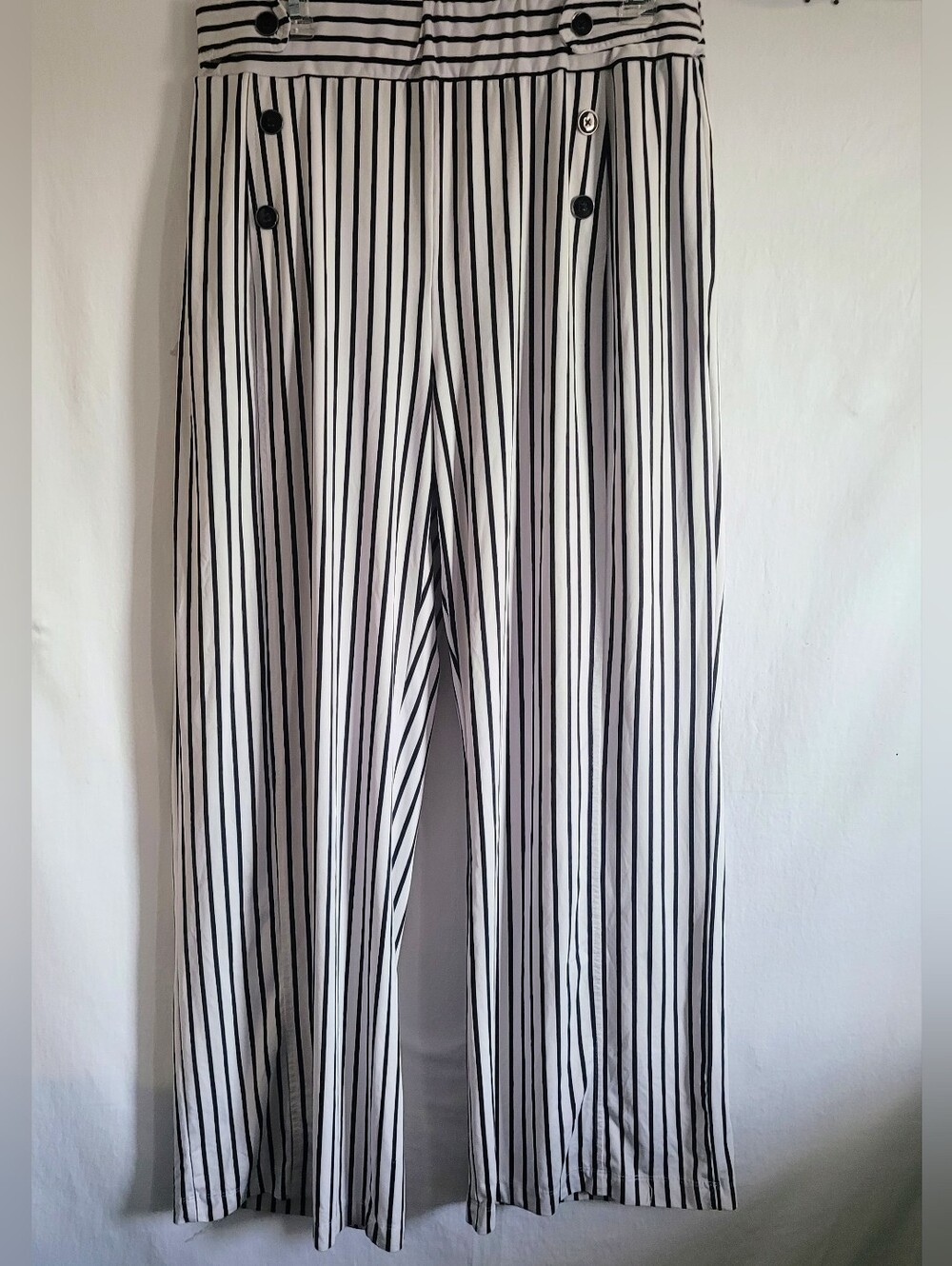Robert Louis Black & White Vertical Stripe Dress Pants, Wide Leg Palazzo Pants.
